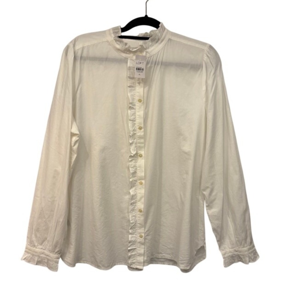 Loft Womens XL White‎ Ruffle Trim Button Down Blouse Long Sleeve Cotton New